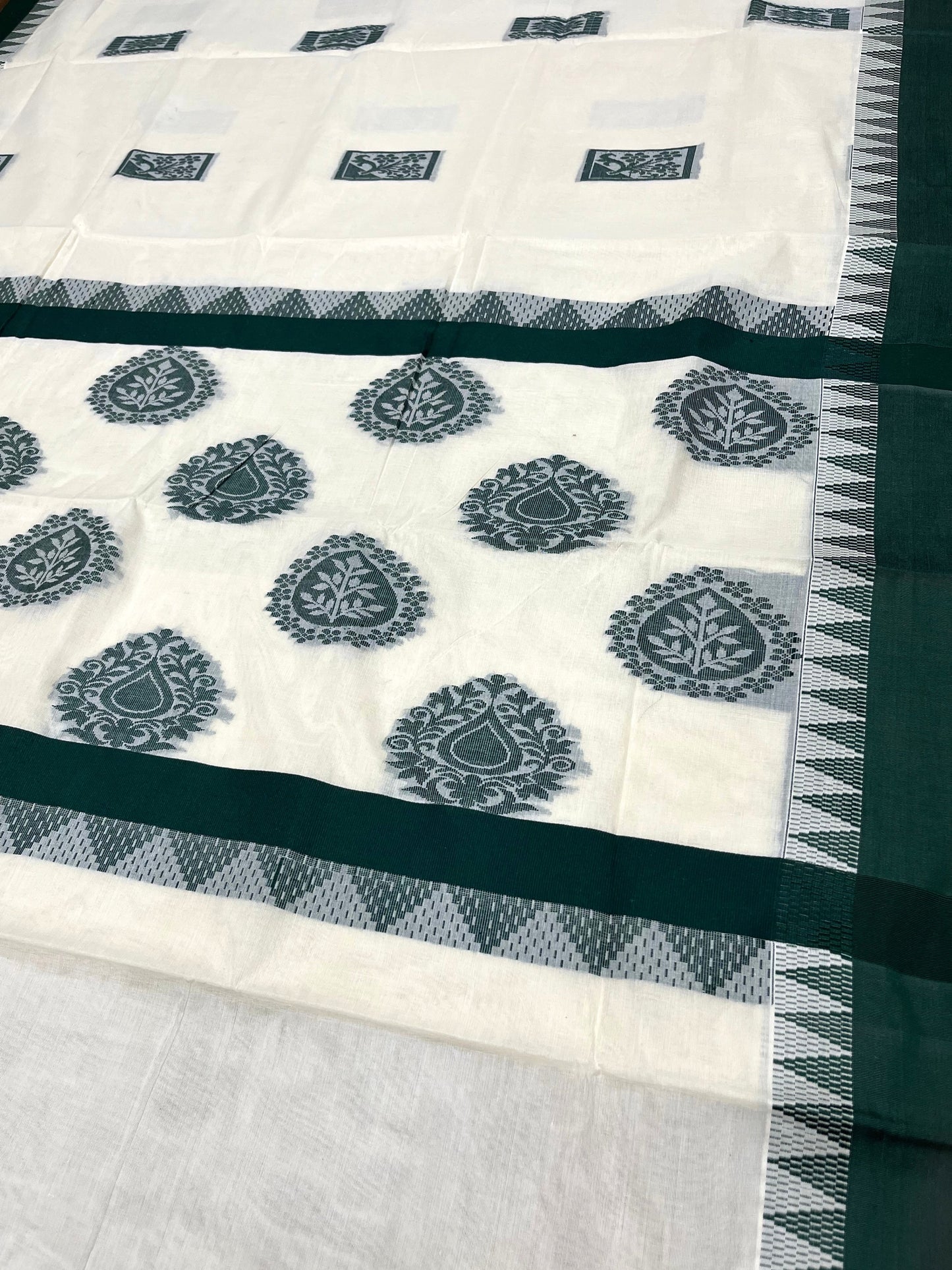 Southloom Pure Cotton Kerala Saree with Green Heavy Woven Designs and Temple Border