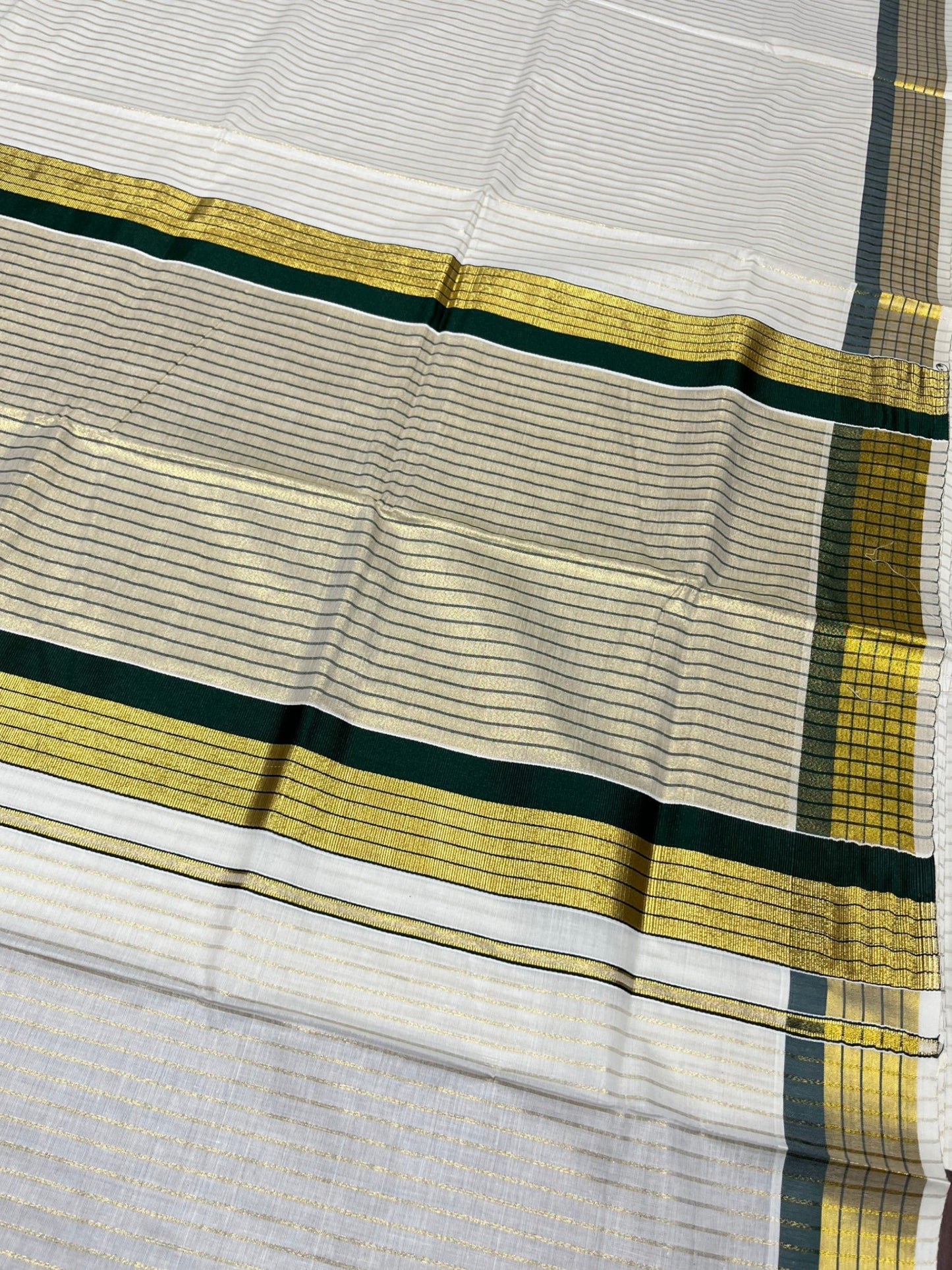 Southloom Kerala Pure Cotton Saree with Stripes on Body and Borders in Green