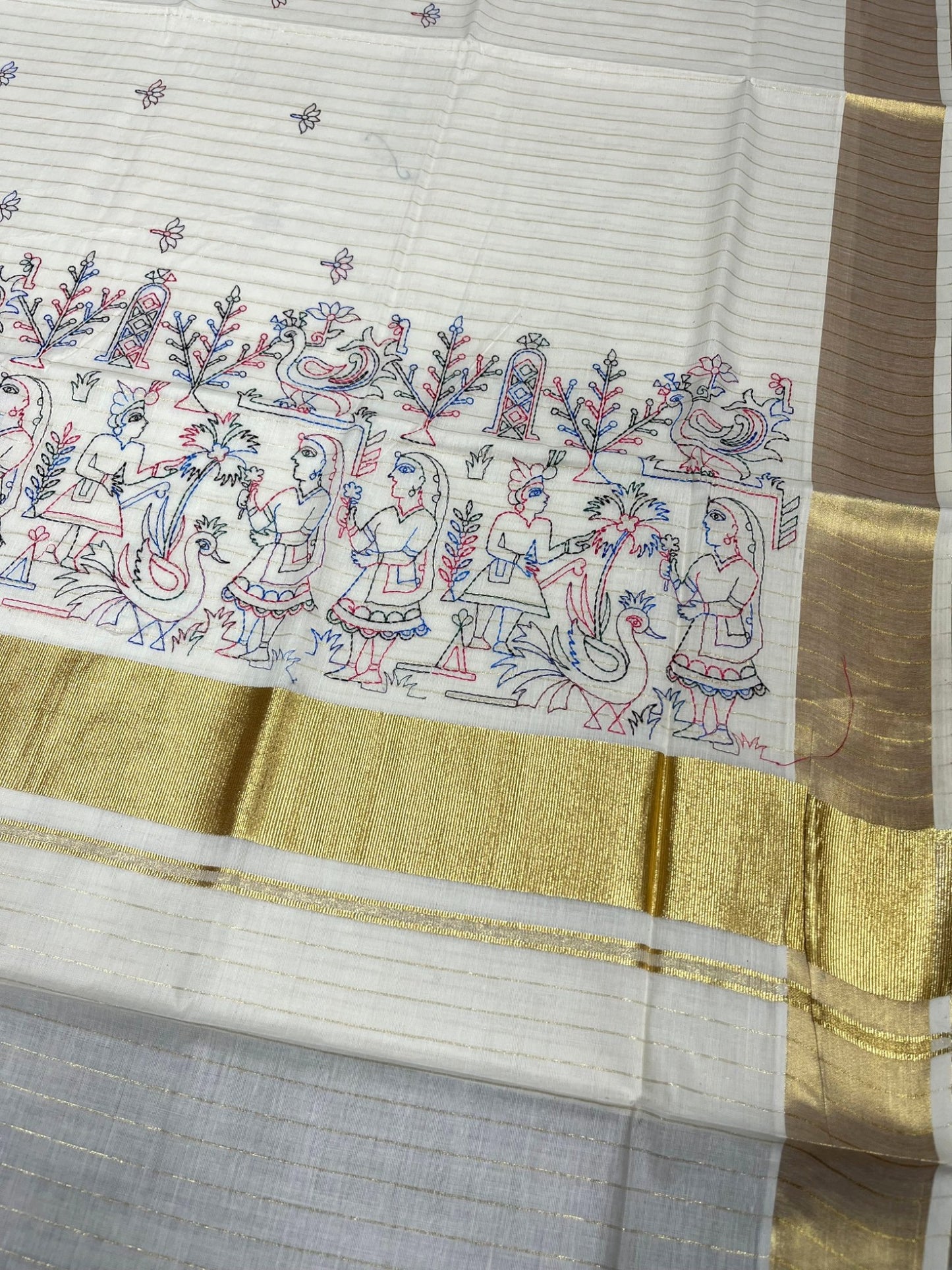 Southloom Cotton Kerala Kasavu Lines Saree with Kantha Embroidery Work on Body SL322