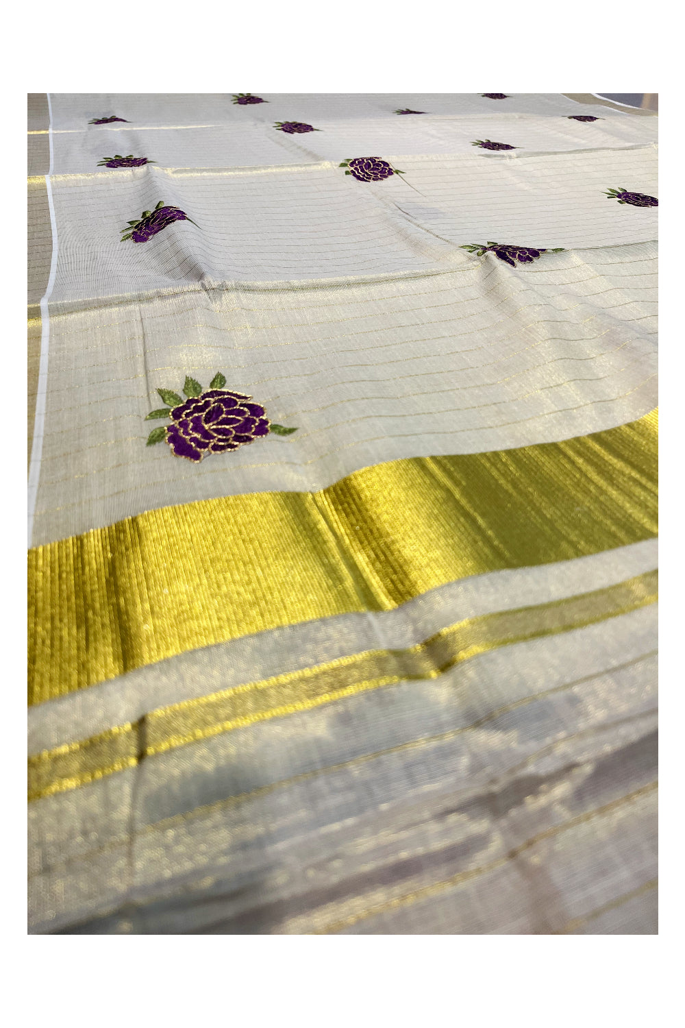 Southloom Kerala Tissue Kasavu Lines Saree with Violet Floral Embroidery Works