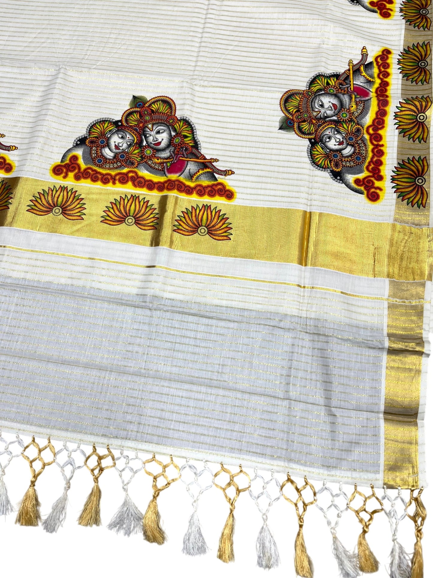 Southloom Pure Cotton Kerala Kasavu Lines Saree with Krishna Radha Mural Printed Art Design and Printed Border