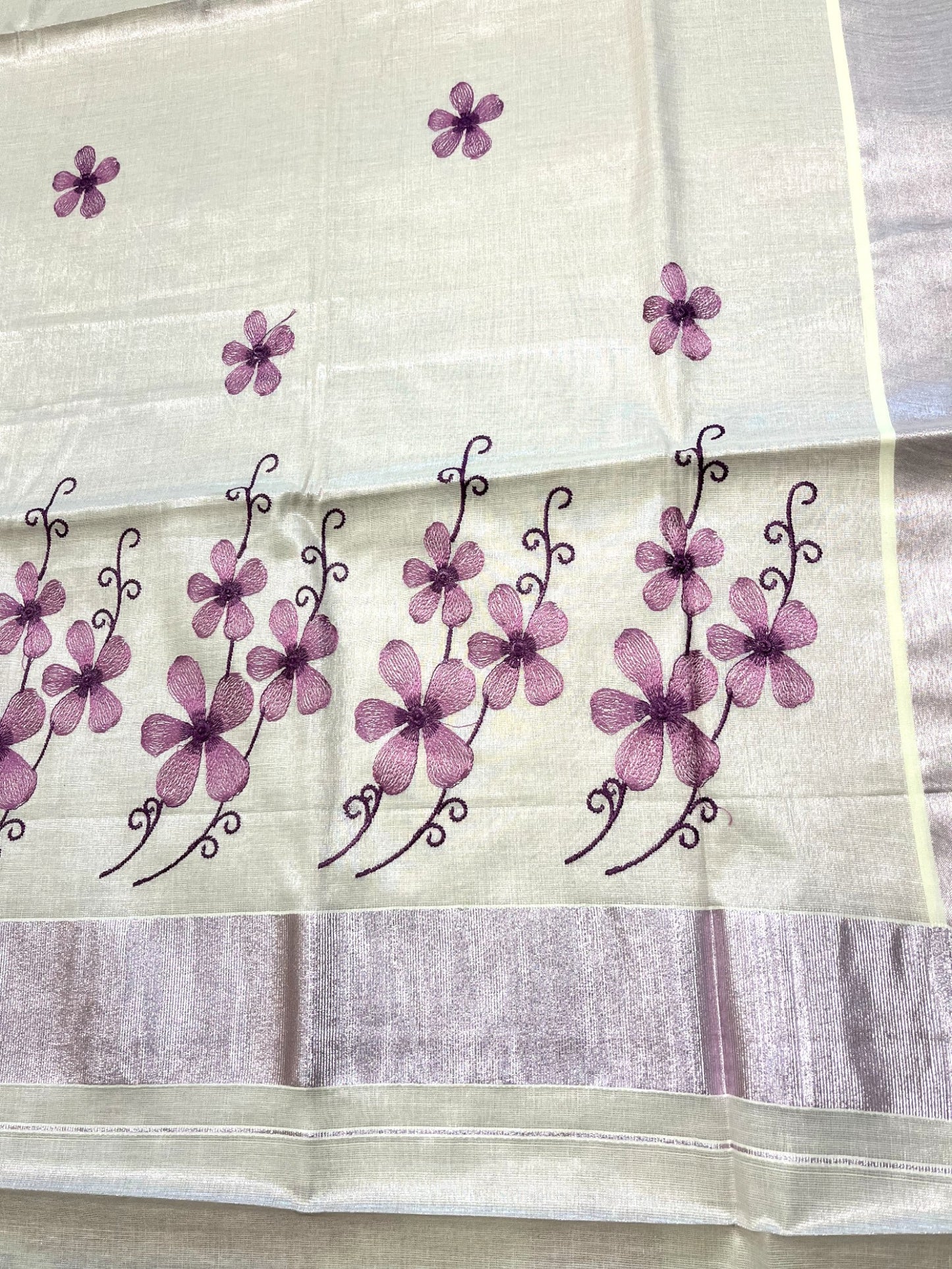 Southloom Kerala Tissue Kasavu Saree with Lavendar Floral Embroidery on Body and Border