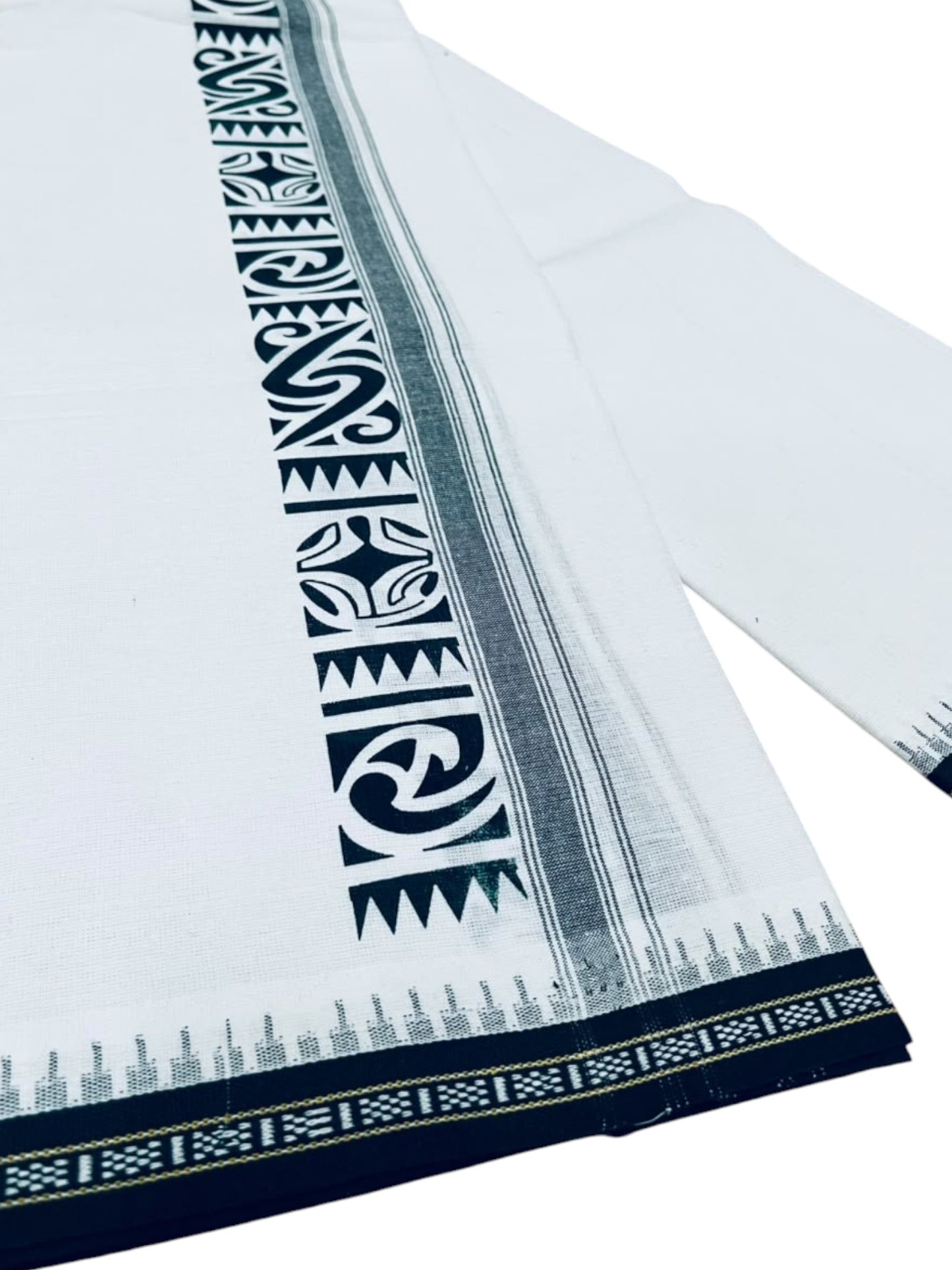 Southloom White Green Printed Single Mundu / Otta Mundu / Lungi (South Indian Kerala Dhoti) SL622