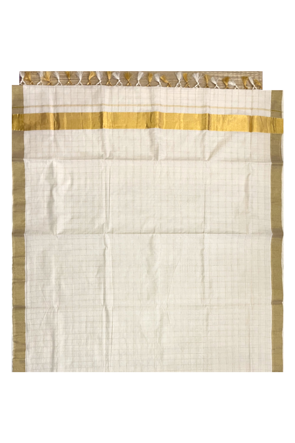 Pure Cotton Kerala Kasavu Check Design Saree with 3x2 inch Border and Tassels Work