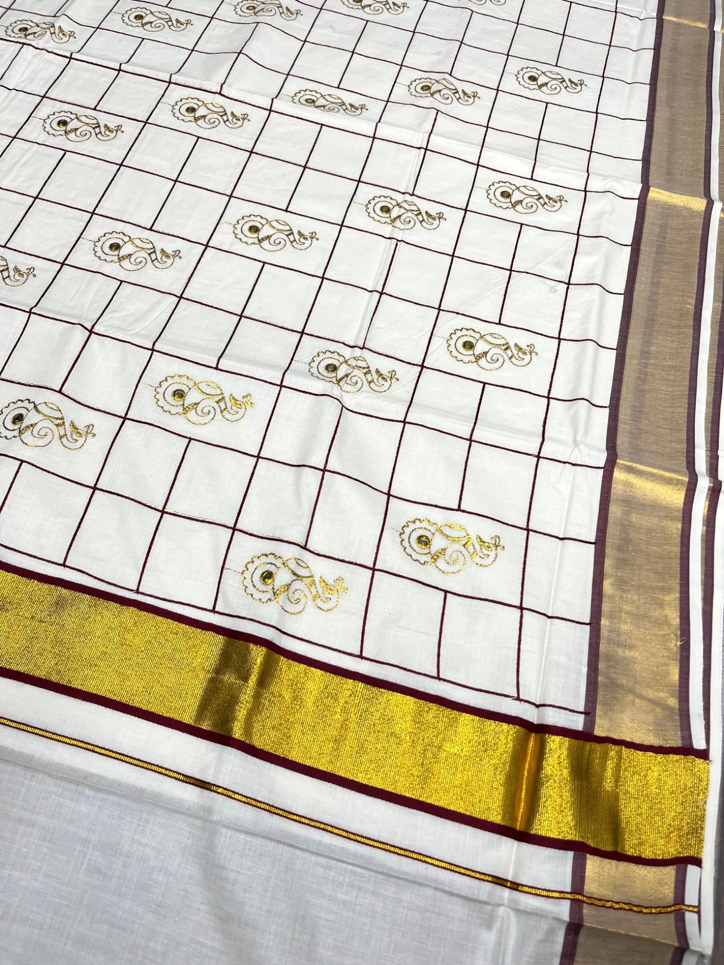 Southloom Cotton Kerala Kasavu Check Saree with Peacock Embroidery Design in Maroon