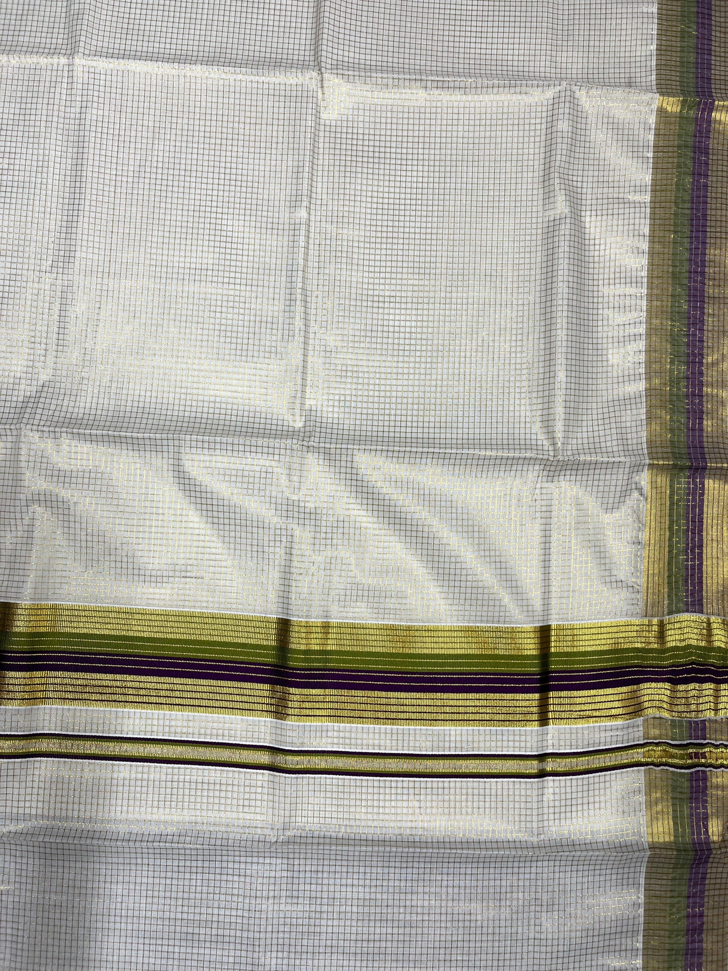 Southloom Kerala Cotton Kasavu Saree with Micro Check Design on Body in Purple & Olive Green Border