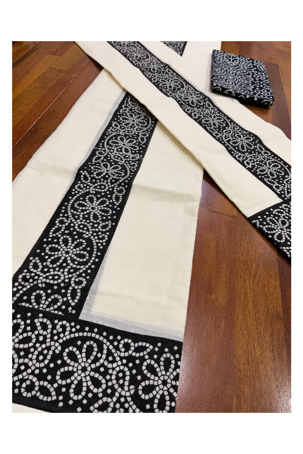 Kerala Cotton Set Mundu (Mundum Neriyathum) with Black Block Prints and Seperate Blouse Piece