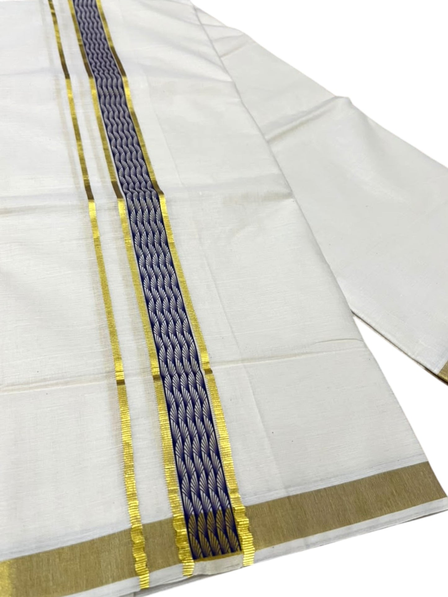 Southloom Pure Cotton Double Mundu with Blue Block Printed And Ksavu Border (South Indian Kerala Dhoti)