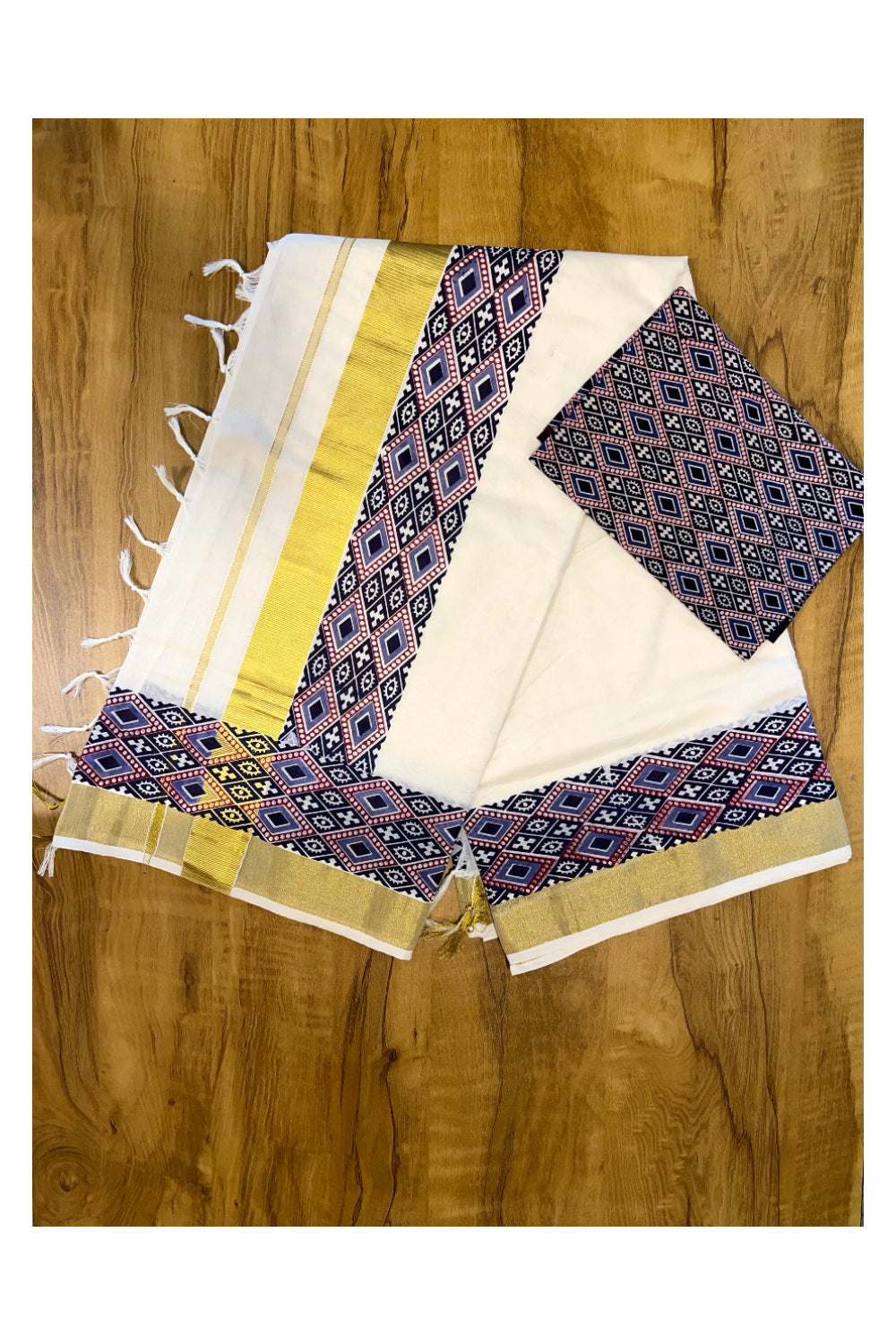 Kerala Pure Cotton Kasavu Saree with Ajrakh Stitched Borders and Matching Blouse Piece