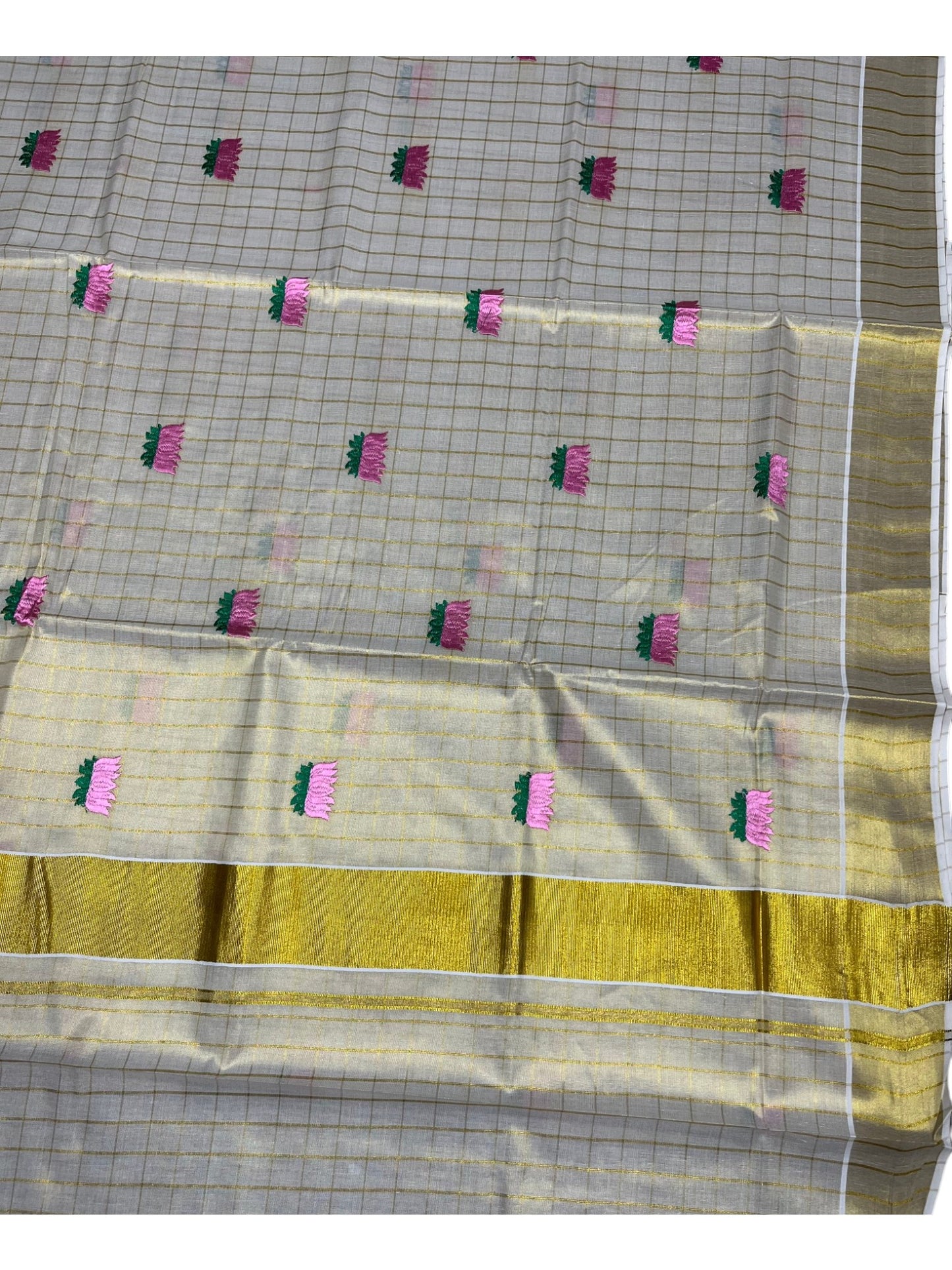 Southloom Kerala Tissue Kasavu Check Saree with Pink And Green Lotus Embroidary Works on Body
