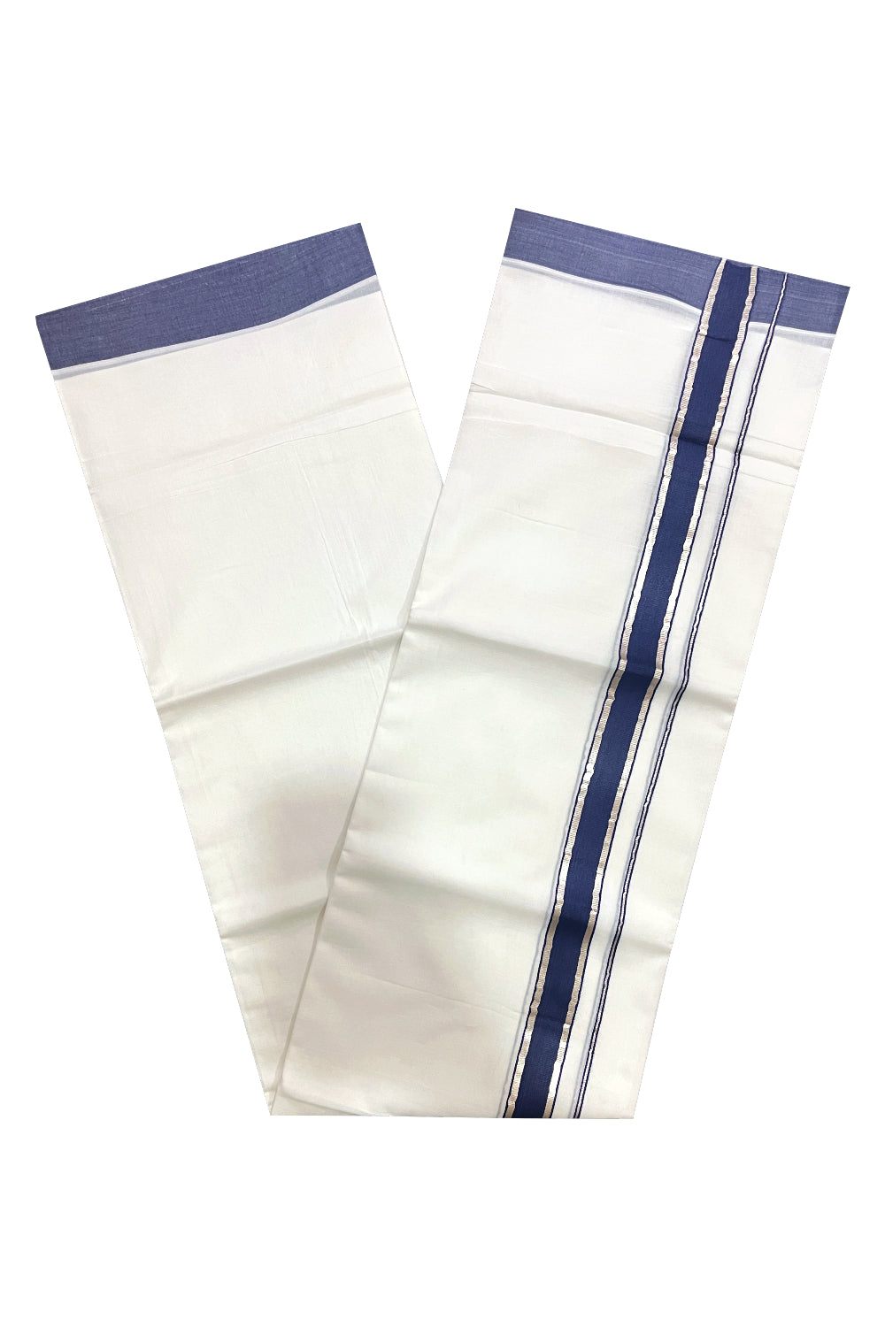 Pure White Cotton Double Mundu with Navy Blue and Silver Kasavu Border (South Indian Kerala Dhoti)