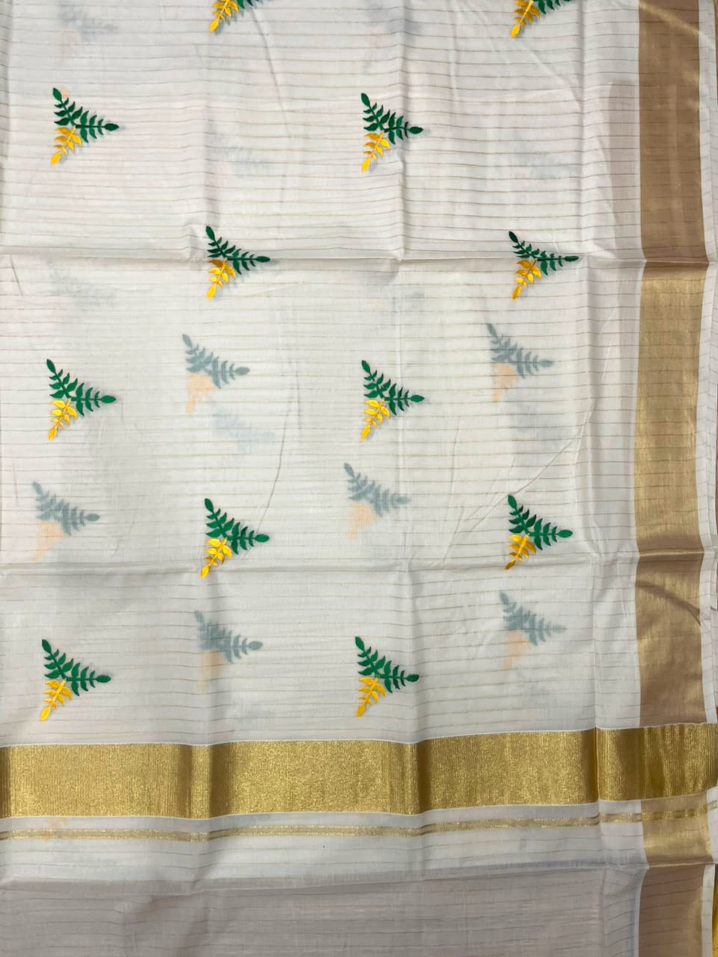 Southloom Kerala Cotton Kasavu Line Saree with Green & Yellow Floral Embroidery Works