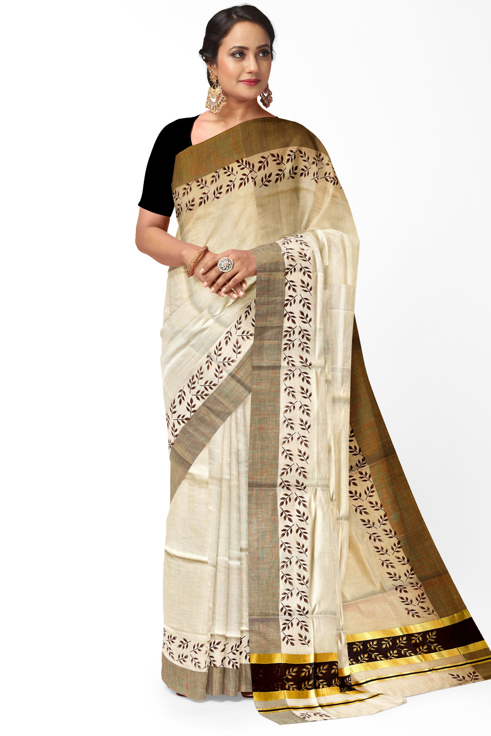 Kerala Tissue Kasavu Saree with Golden and Brown Block Prints on Border and Tassels Works