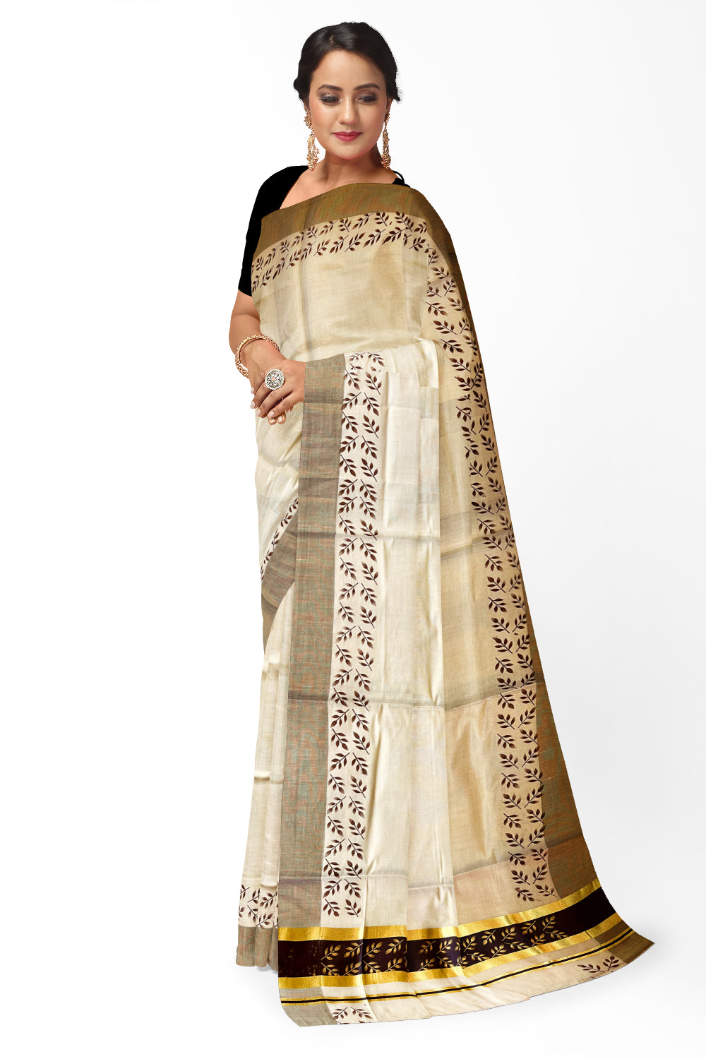 Kerala Tissue Kasavu Saree with Golden and Brown Block Prints on Border and Tassels Works