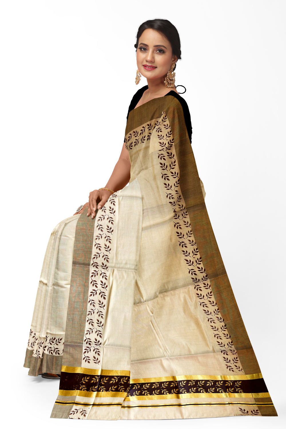 Kerala Tissue Kasavu Saree with Golden and Brown Block Prints on Border and Tassels Works