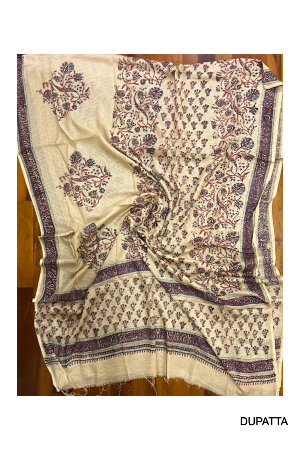 Southloom™ Cotton Light Brown Churidar Salwar Suit Material Red and Blue Block Prints on Body