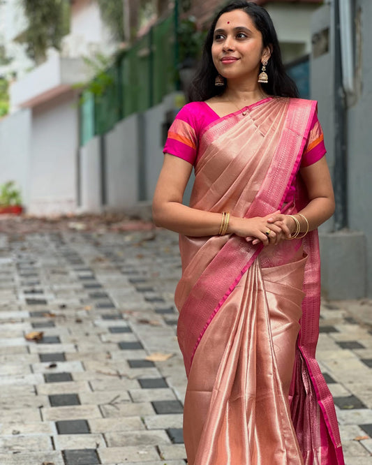 Southloom Semi Silk Antique Finish Saree with Pink Pallu and Brocade Blouse