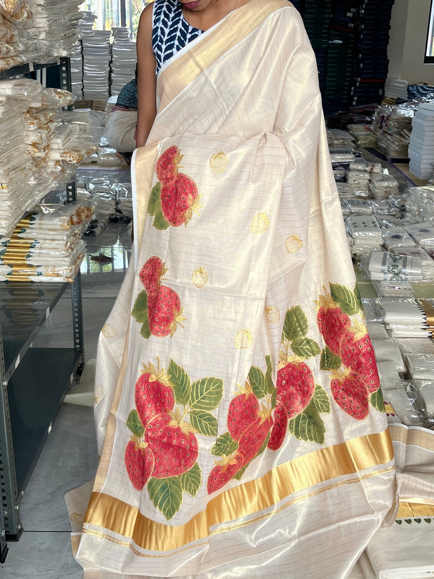 Kerala Tissue Lines Red Paint Saree SL176