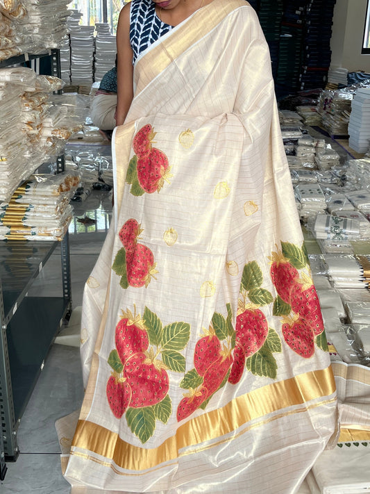 Kerala Tissue Lines Red Paint Saree SL176