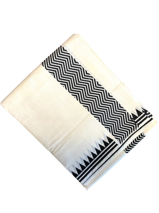 Southloom Pure Cotton Double Mundu with Block Prints on Black Kara (South Indian Kerala Dhoti)