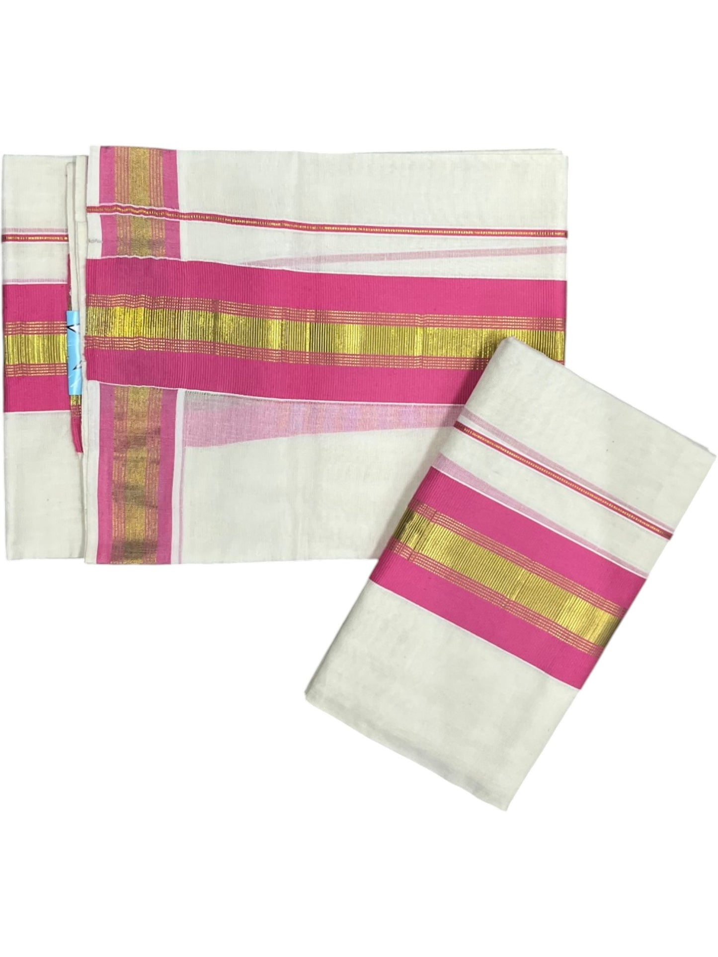 Kerala Cotton Set Mundu (Mundum Neriyathum) with Kasavu and pink Border in 2.80 Mtrs SLKK SL470
