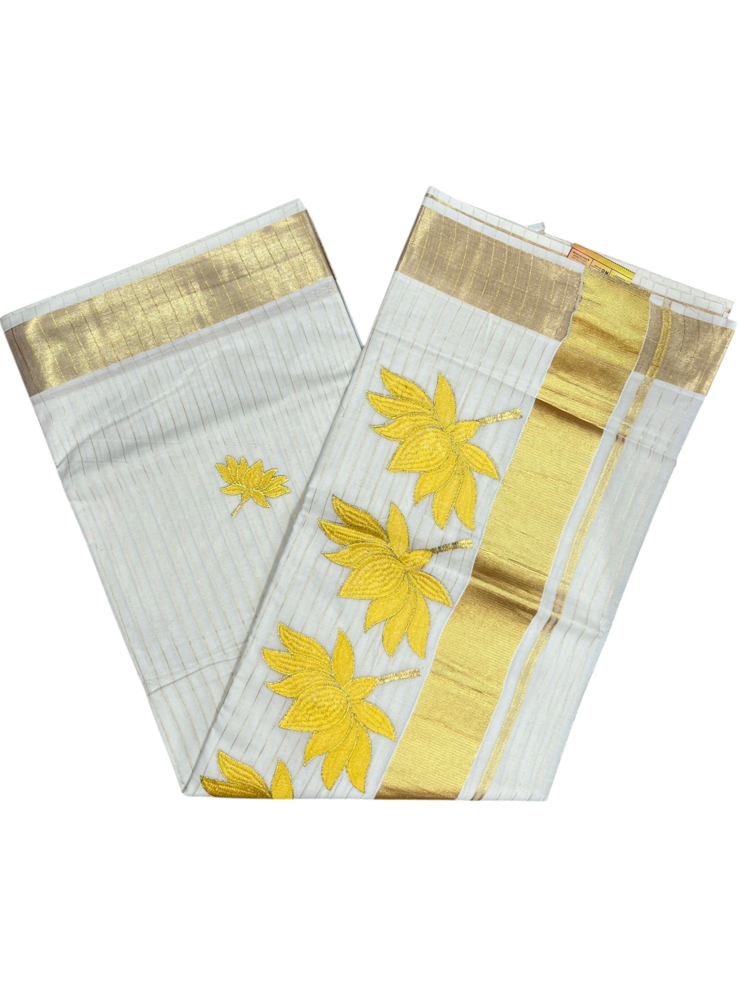 Southloom Kerala Cotton Kasavu Line Saree with Yellow Lotus Embroidery Works