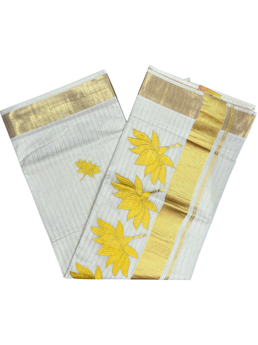 Southloom Kerala Cotton Kasavu Line Saree with Yellow Lotus Embroidery Works