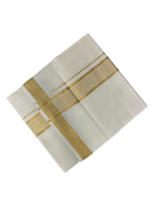 Southloom Kerala Pure Cotton Double Mundu with Gold Kasavu Border with Gold Woven Work (South Indian Dhoti)