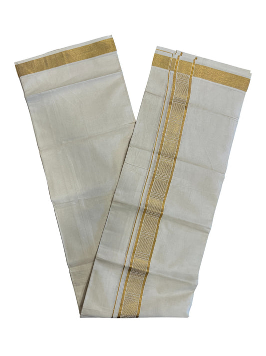 Southloom Kerala Pure Cotton Double Mundu with Gold Kasavu Border with Gold Woven Work (South Indian Dhoti)