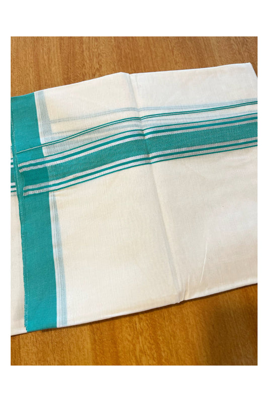 Pure Cotton Kerala Double Mundu with Silver Kara and Turquoise Border (South Indian Kerala Dhoti)