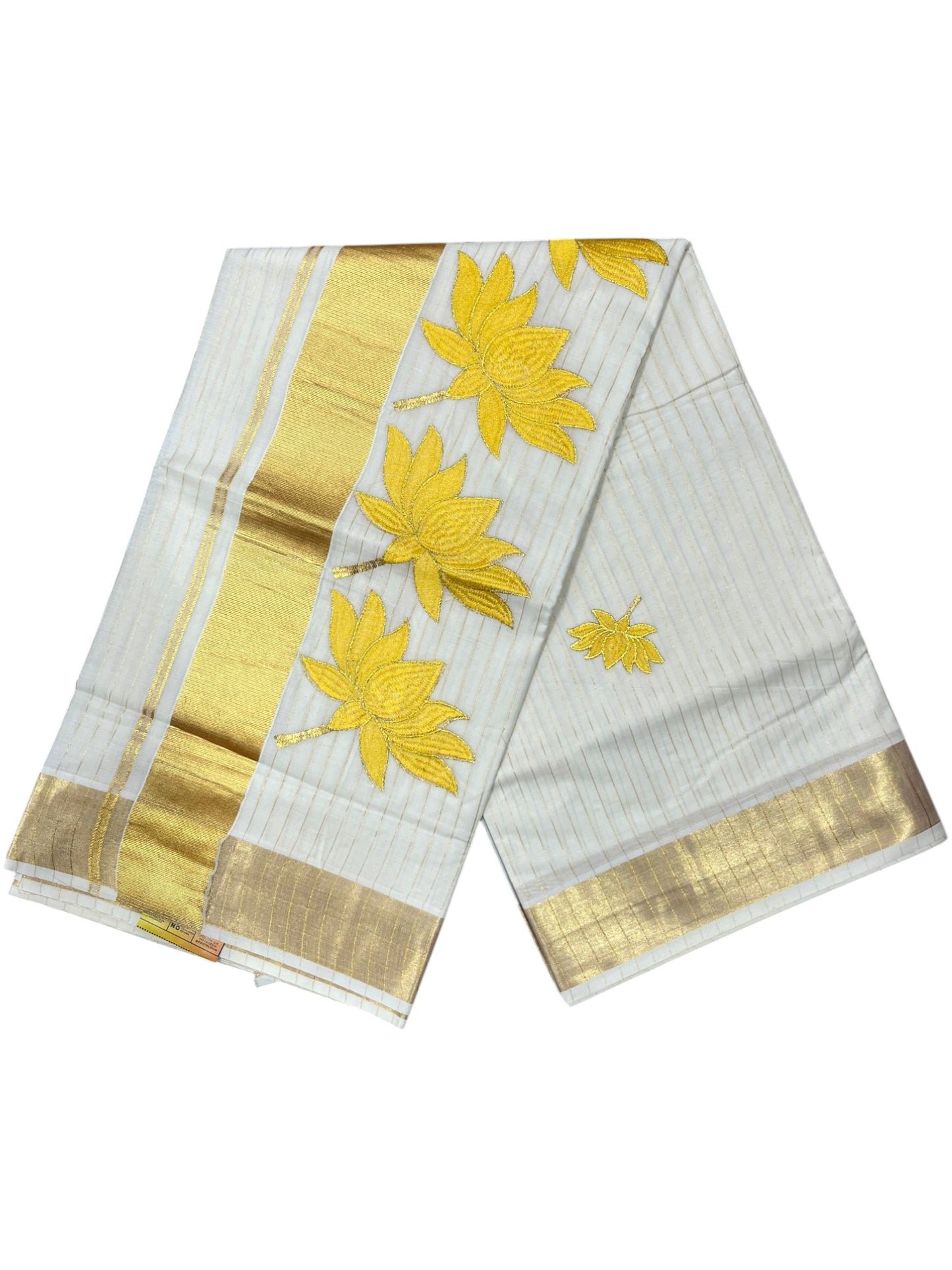 Southloom Kerala Cotton Kasavu Line Saree with Yellow Lotus Embroidery Works