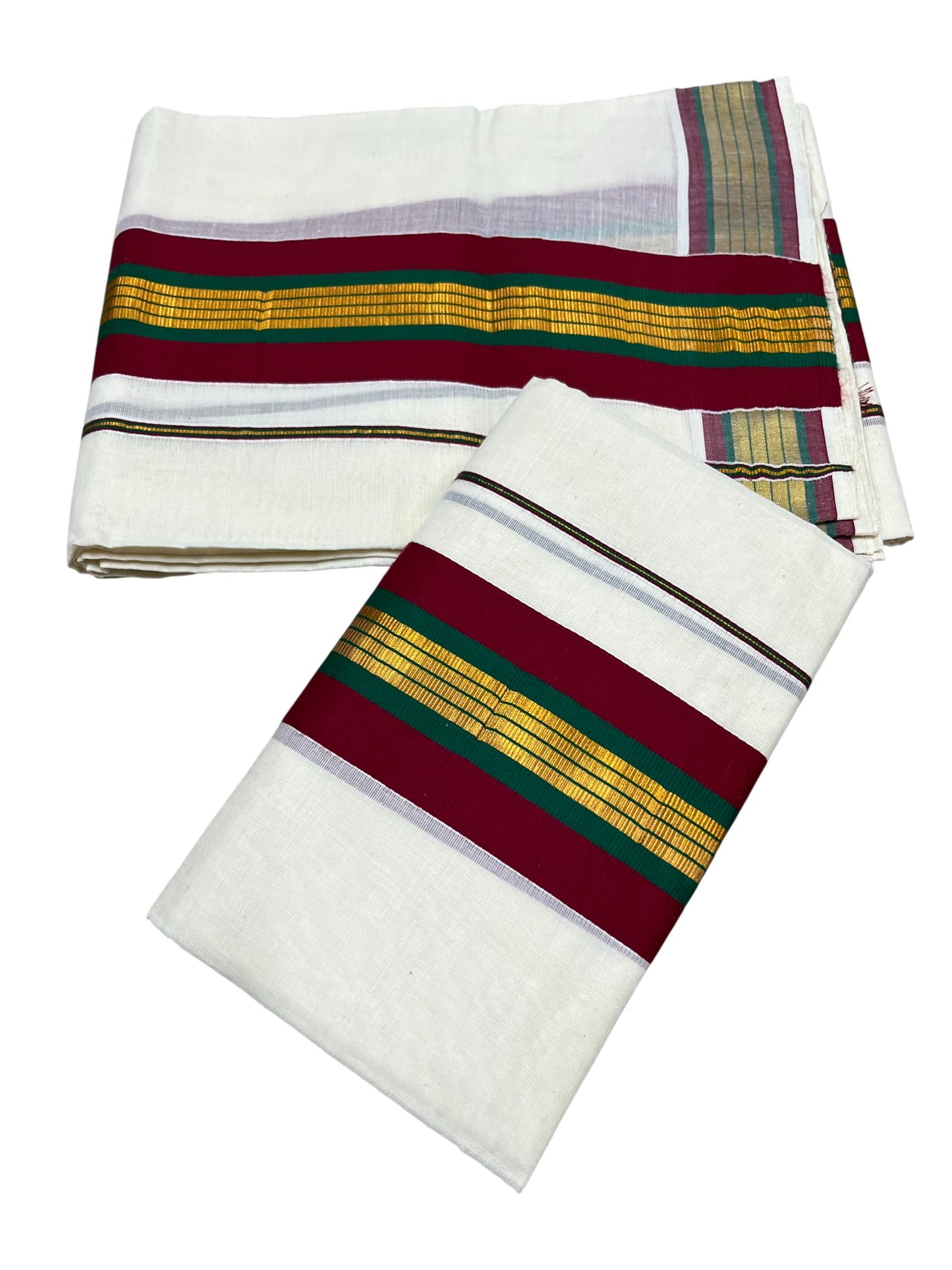 Kerala Cotton Single Set Mundu (Mundum Neriyathum) with Maroon And Green Kasavu Border