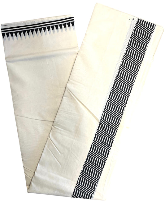Southloom Pure Cotton Double Mundu with Block Prints on Black Kara (South Indian Kerala Dhoti)
