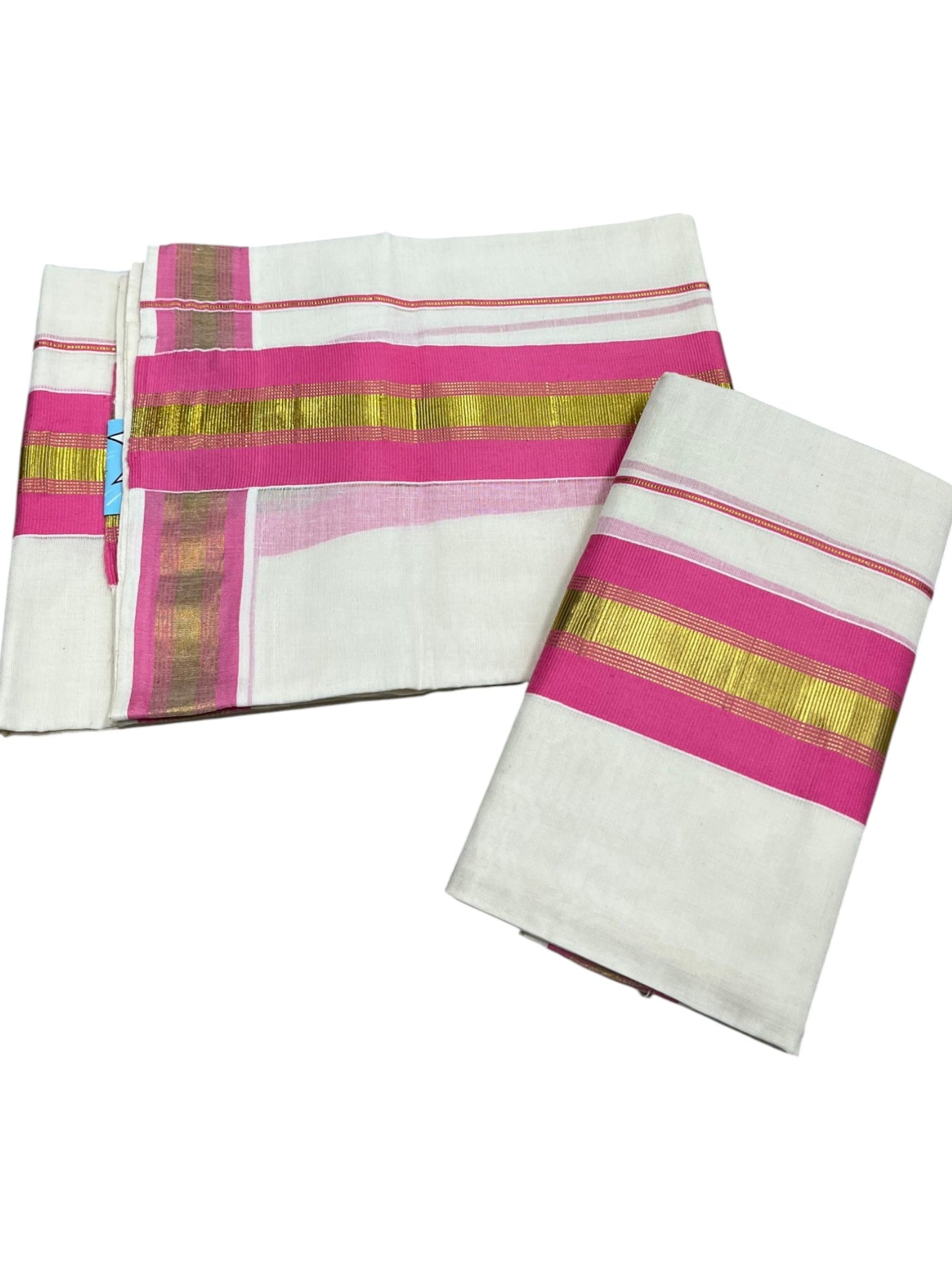 Kerala Cotton Set Mundu (Mundum Neriyathum) with Kasavu and pink Border in 2.80 Mtrs SLKK SL470