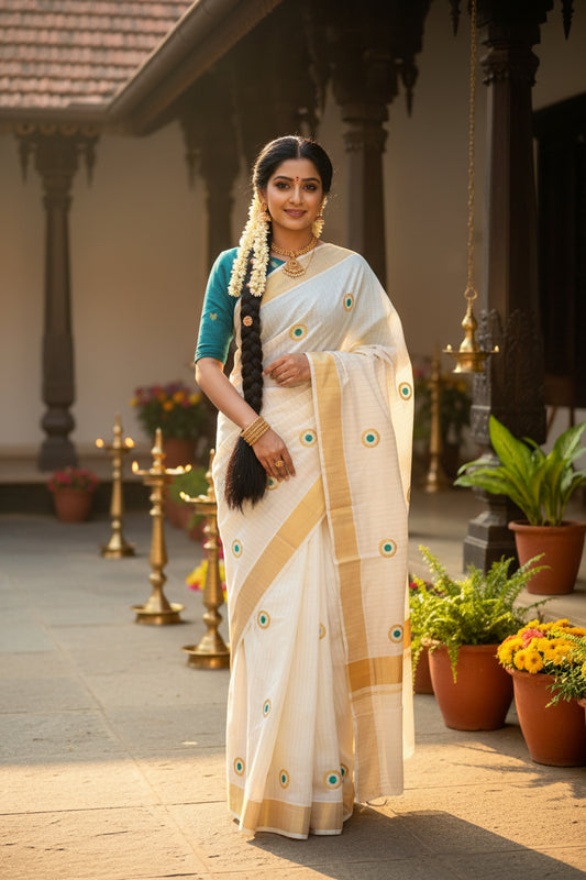 Kerala Cotton Lines Saree With Turquoise Polka SL162