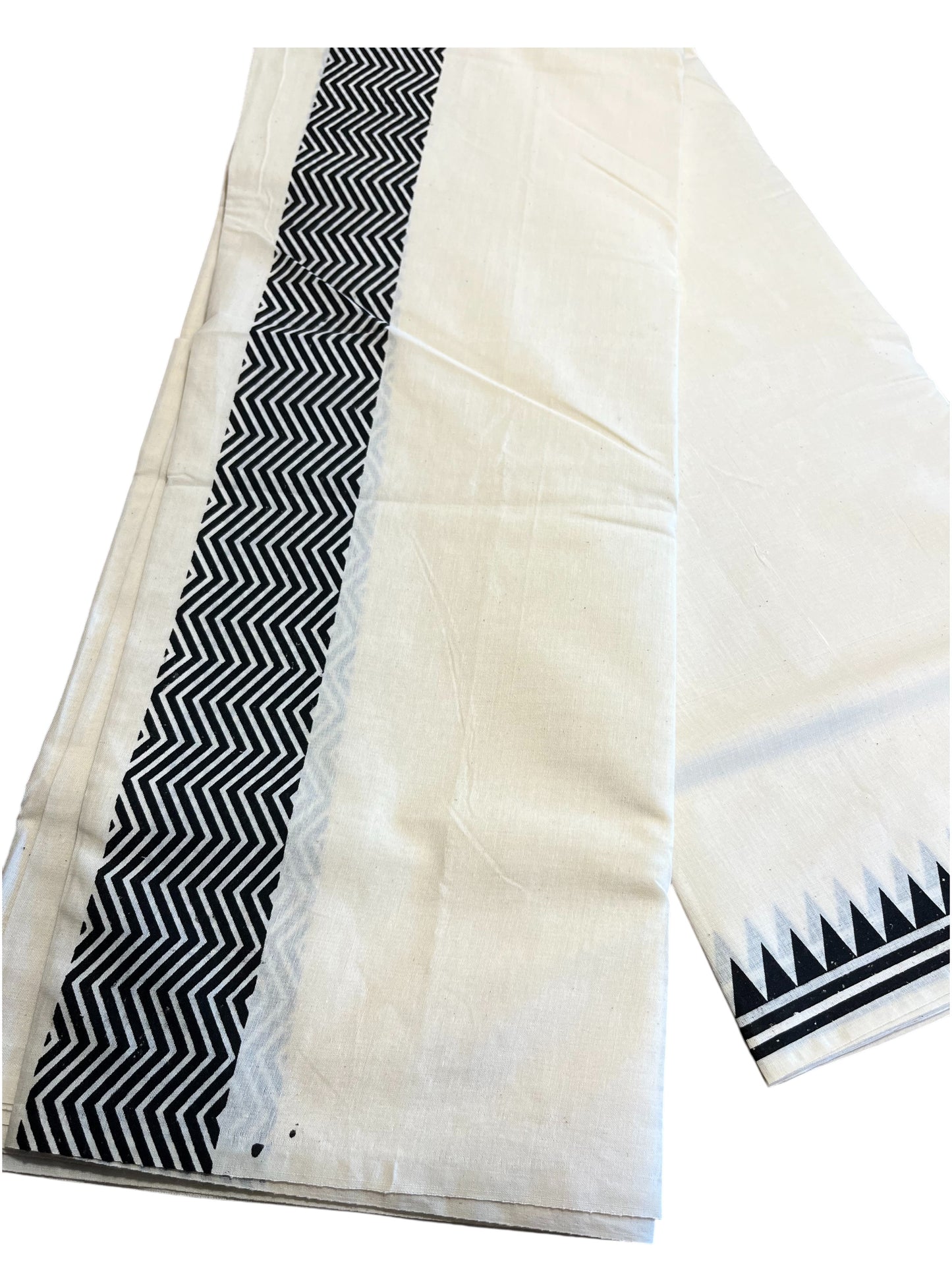 Southloom Pure Cotton Double Mundu with Block Prints on Black Kara (South Indian Kerala Dhoti)