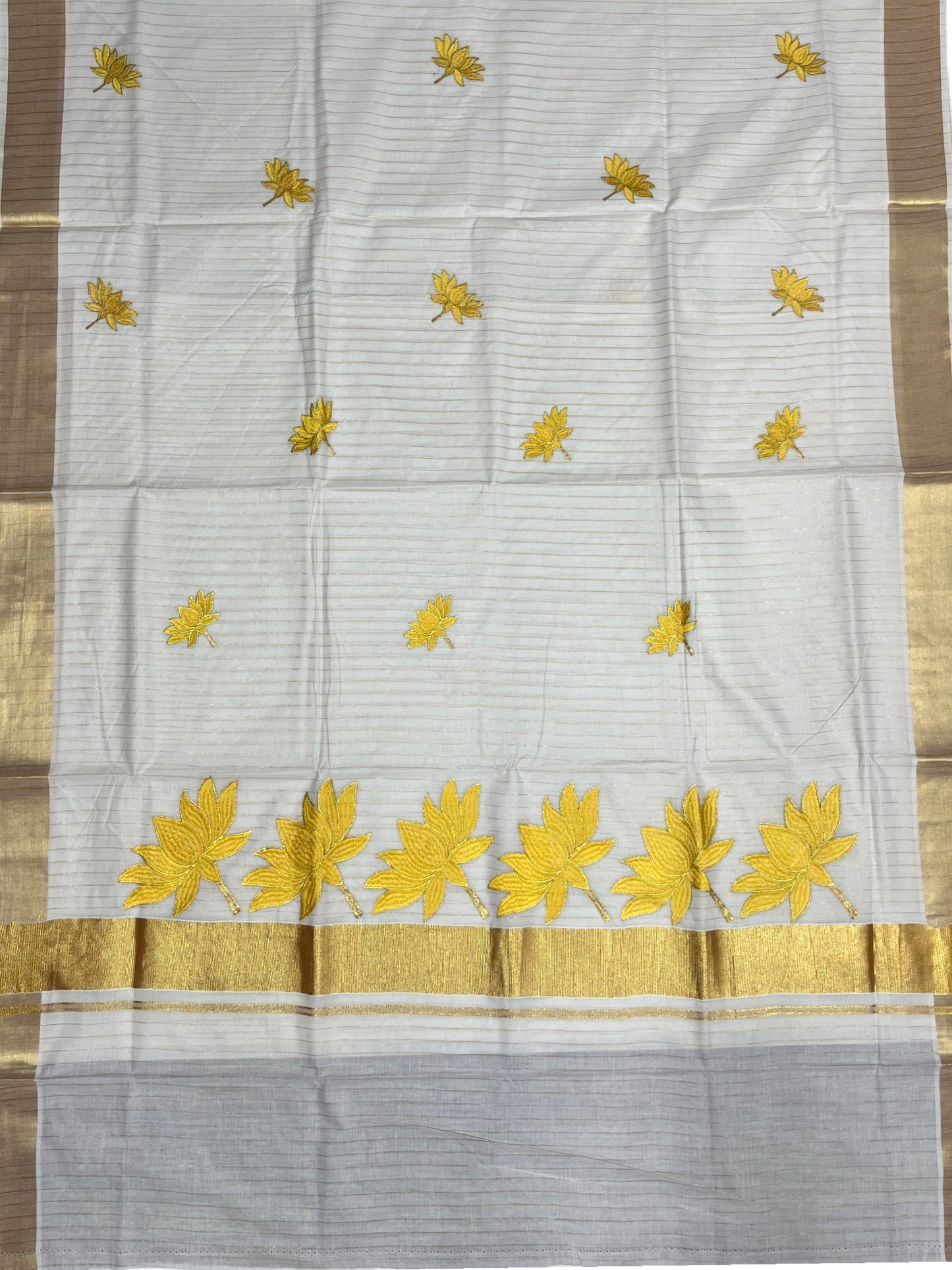 Southloom Kerala Cotton Kasavu Line Saree with Yellow Lotus Embroidery Works