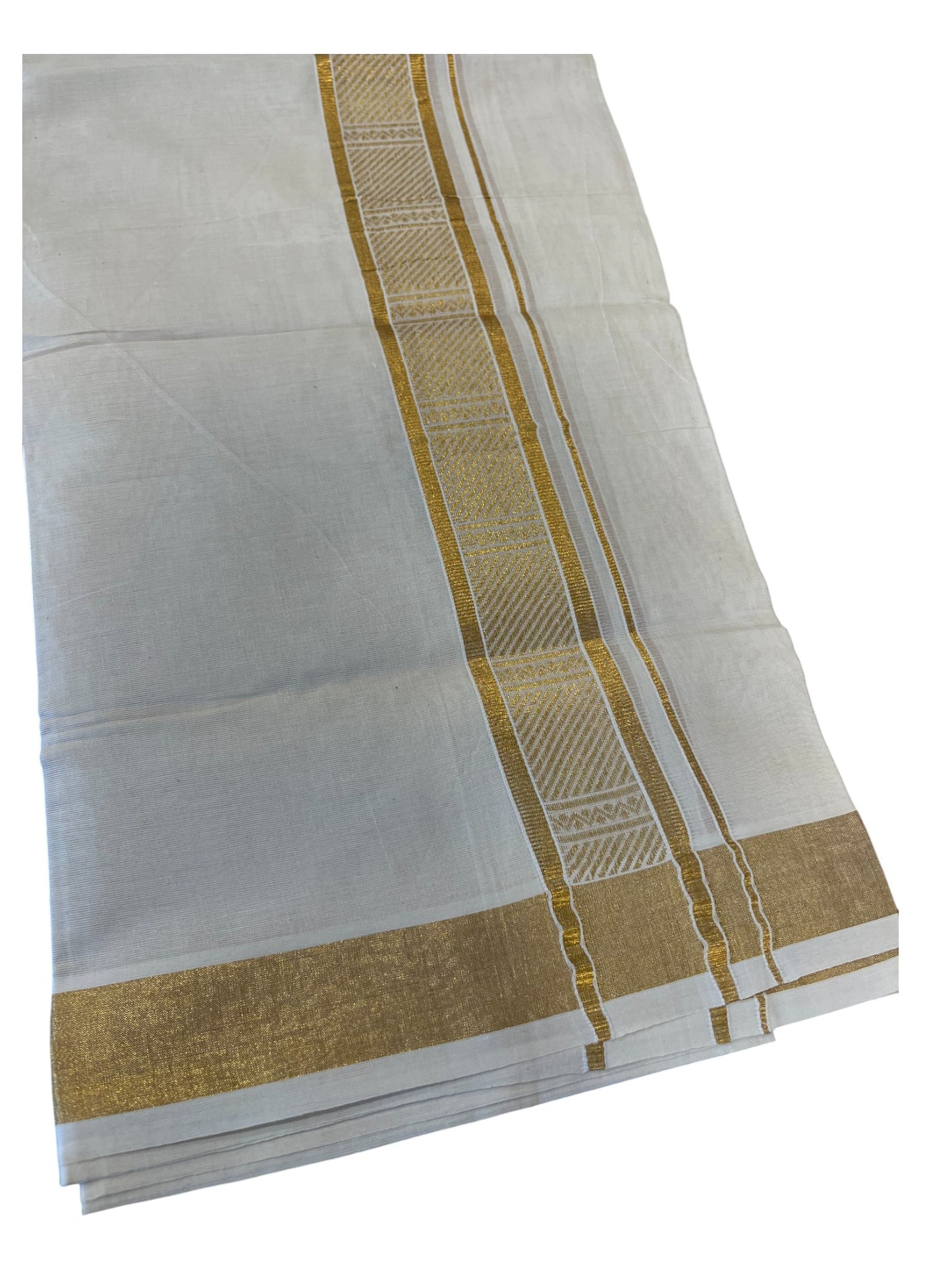 Southloom Kerala Pure Cotton Double Mundu with Gold Kasavu Border with Gold Woven Work (South Indian Dhoti)