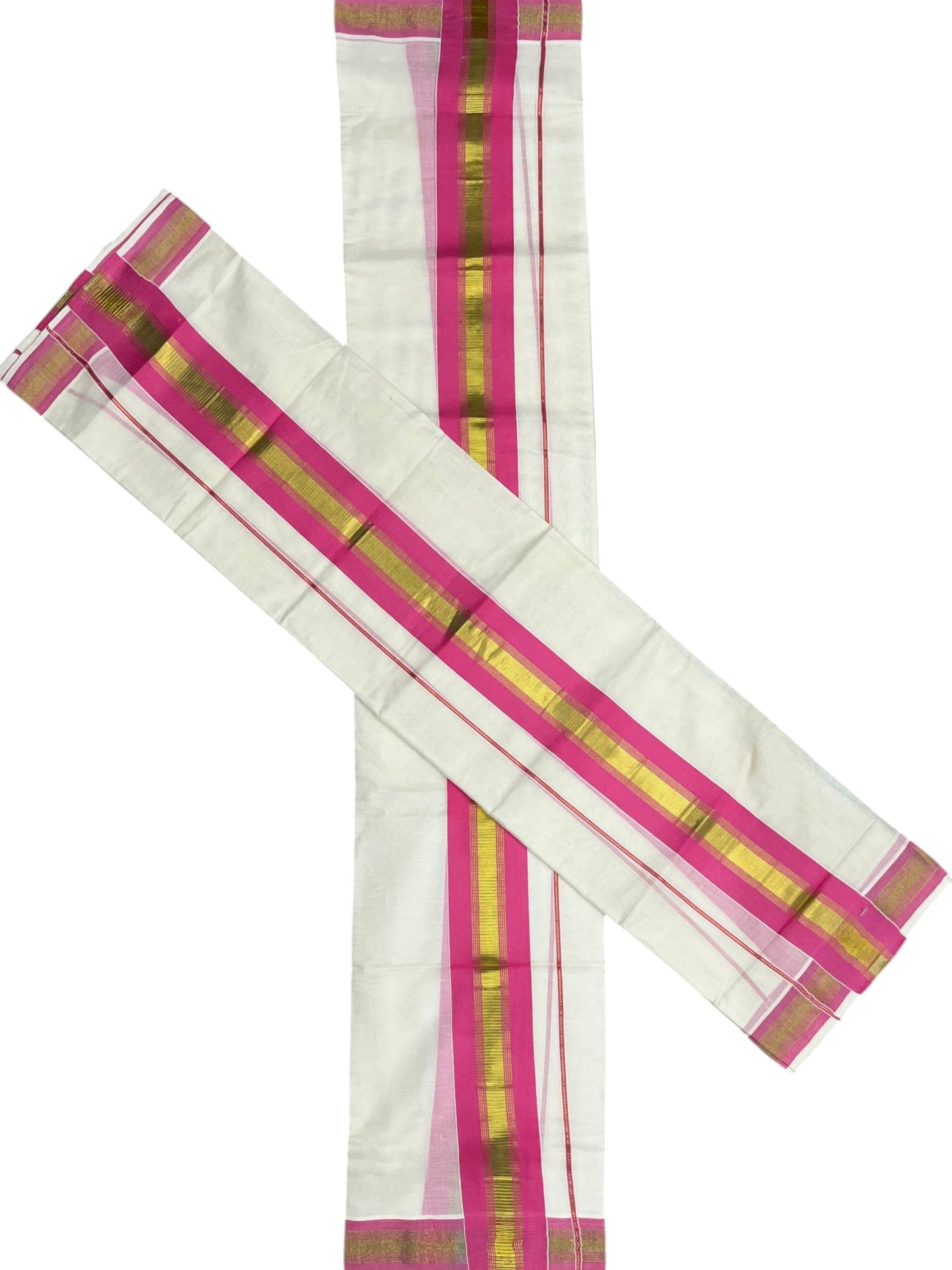 Kerala Cotton Set Mundu (Mundum Neriyathum) with Kasavu and pink Border in 2.80 Mtrs SLKK SL470