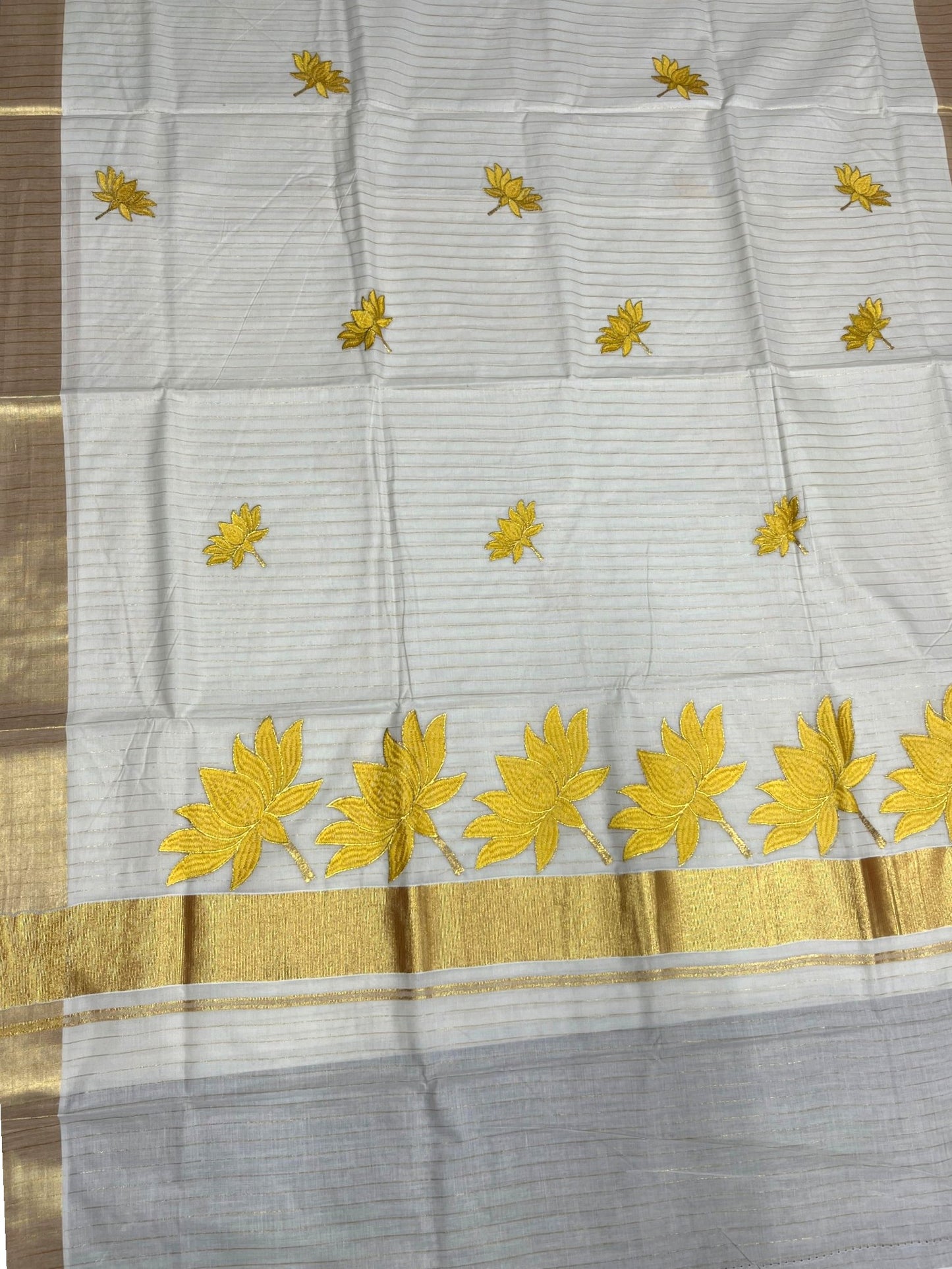 Southloom Kerala Cotton Kasavu Line Saree with Yellow Lotus Embroidery Works