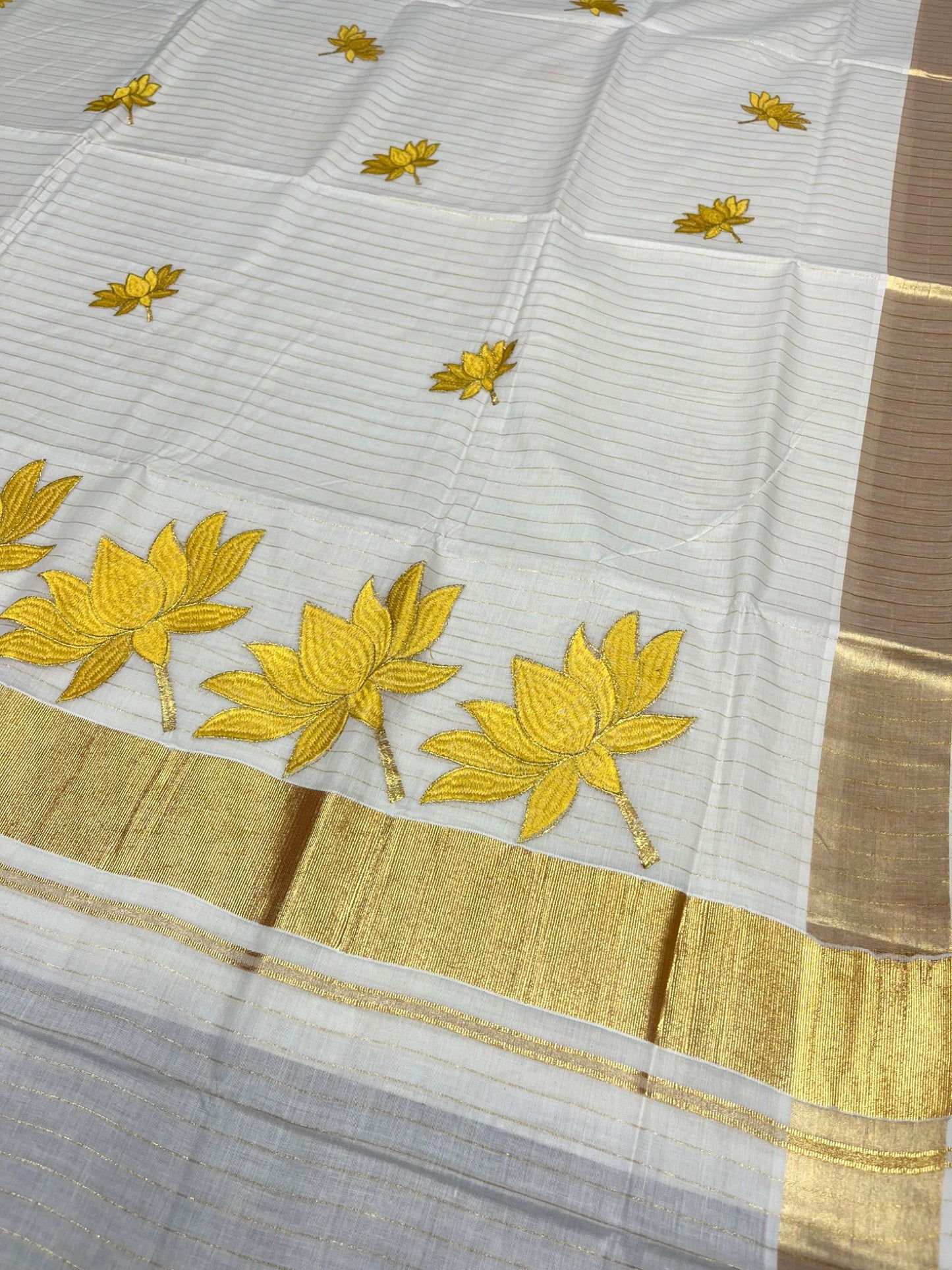 Southloom Kerala Cotton Kasavu Line Saree with Yellow Lotus Embroidery Works