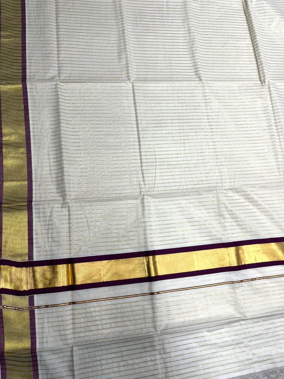 Southloom Pure Cotton Kerala Saree with Gold Kasavu Lines Across Body and purple Border