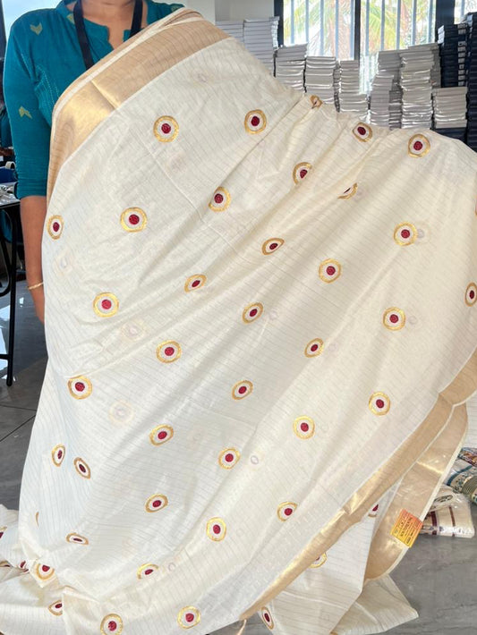 Kerala Cotton Lines Saree With Maroon Polka SL162