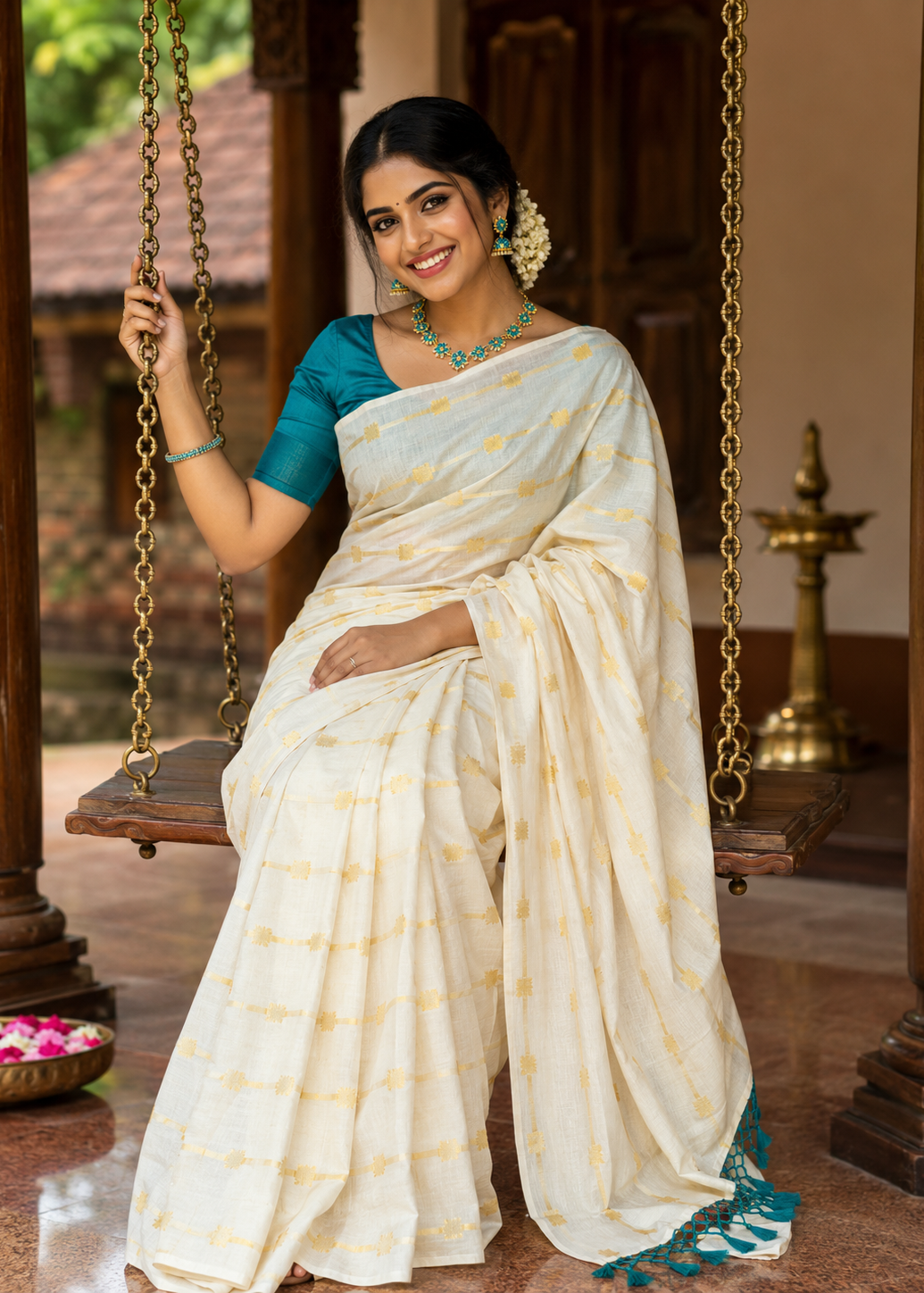 Southloom Kerala Cotton Lotus Design Saree With Turquoise Blue  Tassels SL532