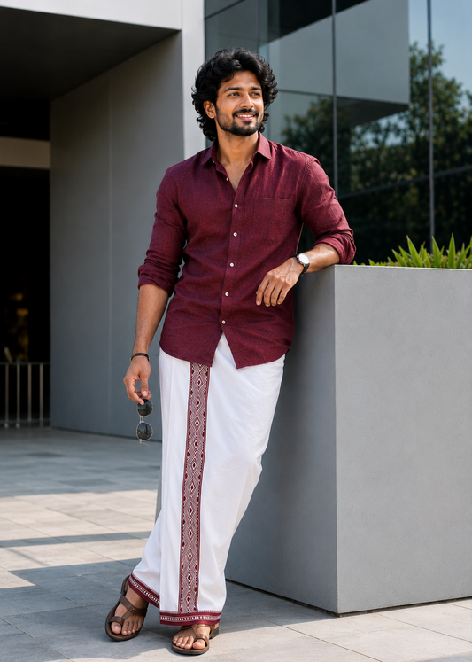 Pure White Single Dhoti With Maroon Colour Print SL319
