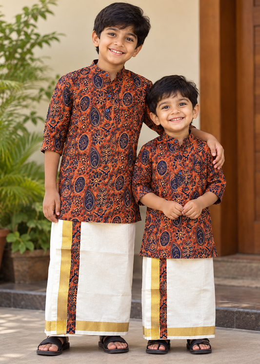 Southloom Ajrakh Printed Kids's Combo (Cotton Kurta + Tissue Velcro Mundu) SLKCOMBO
