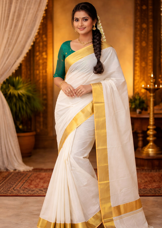 Kerala Kasavu Saree With Balaramapuram Style Orange 4x4 Border SL303