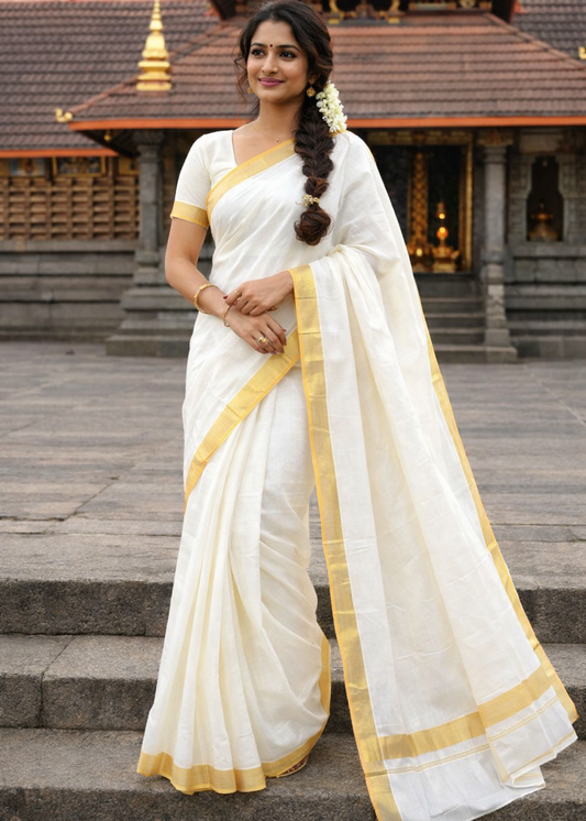 Kerala Kasavu Saree With Balaramapuram Style Orange 2x2 Border SL303