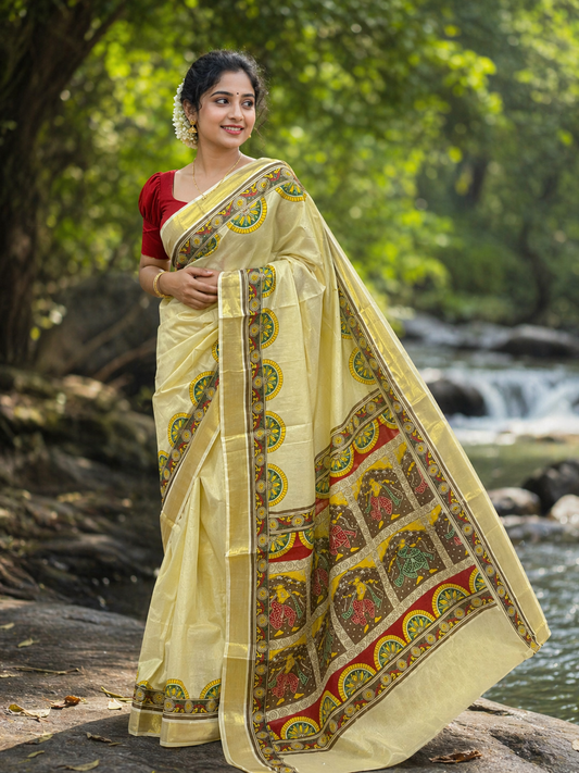 Southloom Kerala Tissue Kasavu Saree with Brown and Red Hand Printed Design SL327