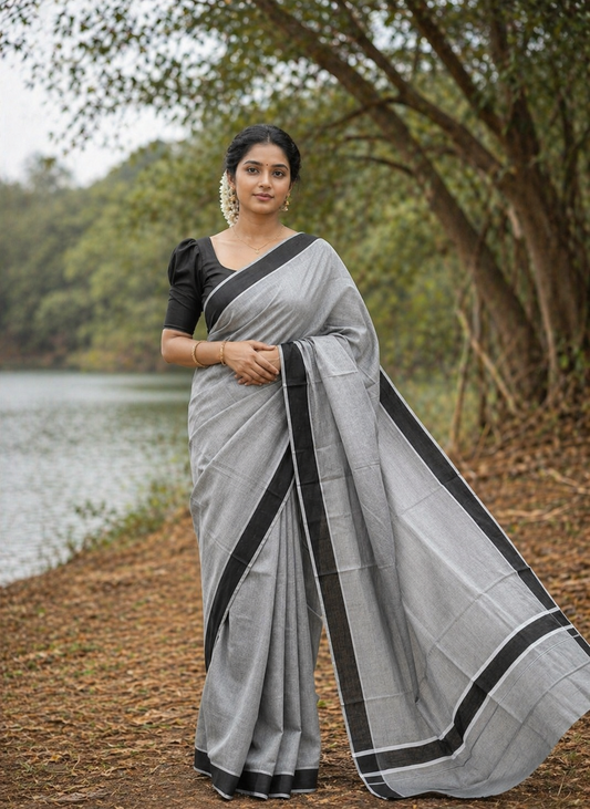 Southloom Kerala Pure Cotton Black Saree with White Border